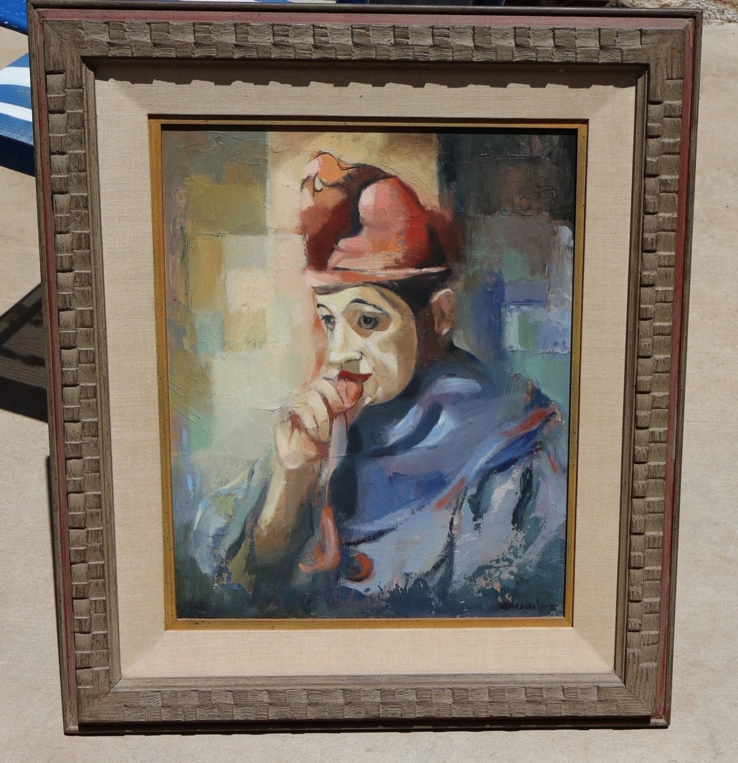 BARBARA WEST California Mid Century Exhibited Pensive Clown Original oil - 2