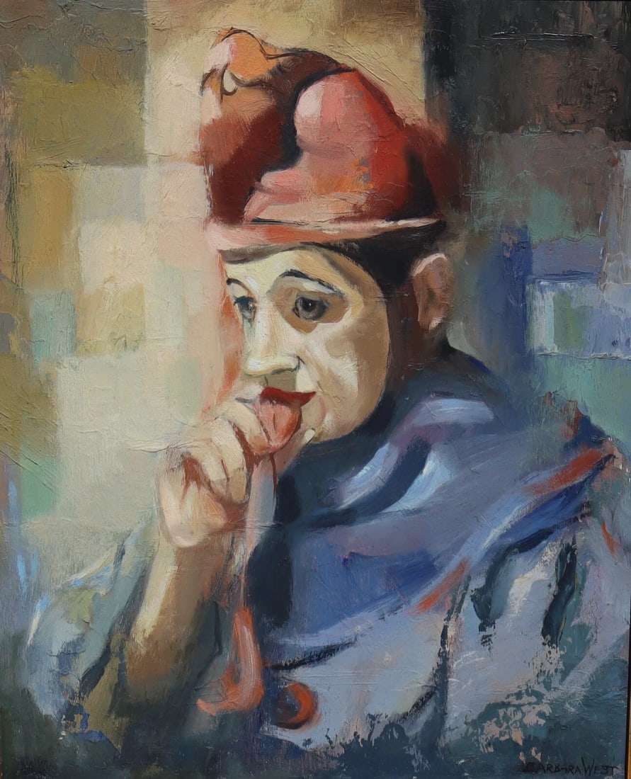 BARBARA WEST California Mid Century Exhibited Pensive Clown Original oil - 3