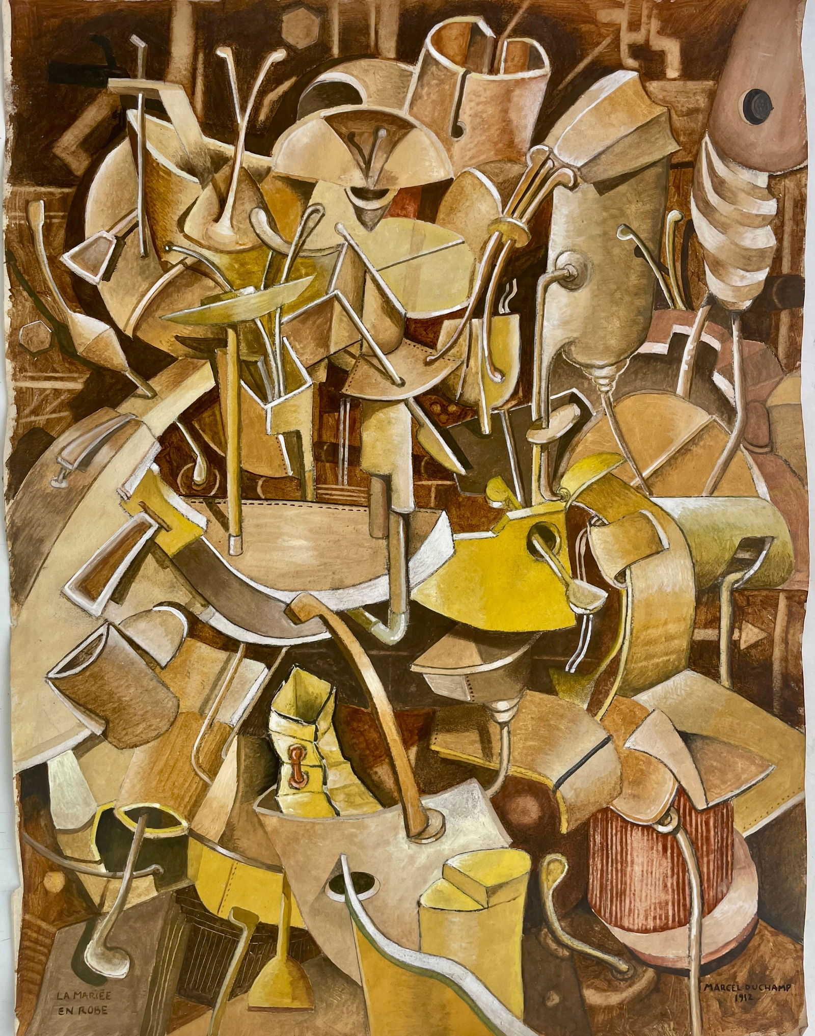 Marcel DUCHAMP. 5public Domain: Title:Marcel DUCHAMP. 5public DomainDescription:Surrealist composition of abstract shaped elements. Titled on recto "LA MARIEE EN ROBE" (bottom left). Signed & dated "MARCEL DUCHAMP 1912" (Bottom