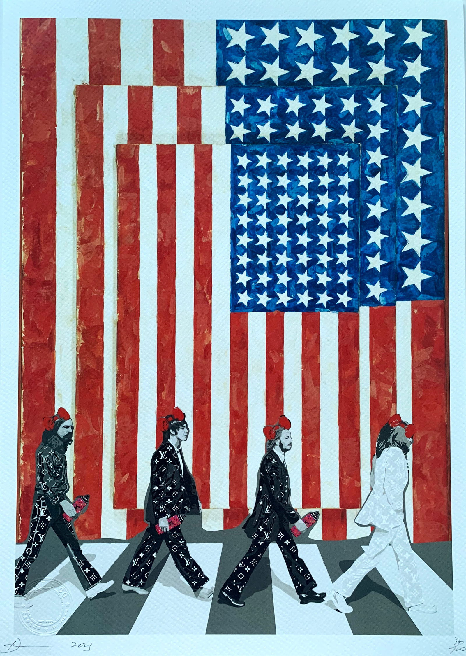 Death NYC Beatles American Flag: Title:Death NYC Beatles American Flag Date/Period:21st Century Materials:Giclee on Fine art 300 gsm paper Size:17 3/4 x 12 1/2 inches Description:Artist: Death NYC, limited edition giclee on paper, ou