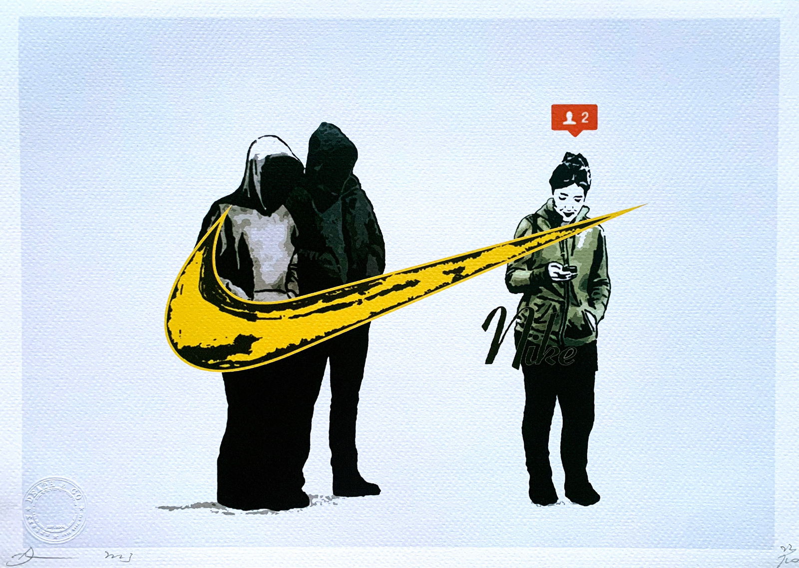 Death NYC Banksy Nike: Title:Death NYC Banksy NikeDate/Period:21st CenturyMaterials:Giclee on Fine art 300 gsm paperSize:17 3/4 x 12 1/2 inchesDescription:Artist: Death NYC, limited edition giclee on paper, out of eddition