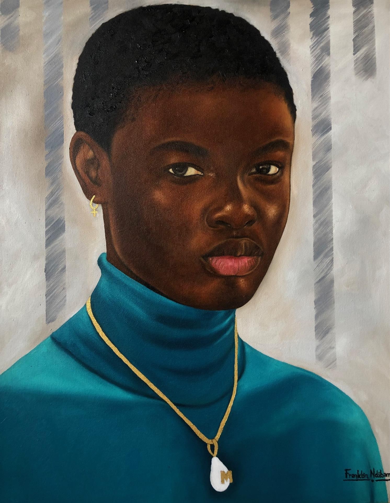 Franklin Ndibam, Anya- 21st Century, Contemporary, Figurative Portrait, Women, Jewelry, Art Deco,: Creator: Franklin Ndibam (1990, Nigerian) Creation Year: 2024 Dimensions: Height: 24 in (60.96 cm)Width: 20 in (50.8 cm)Depth: 1 in (2.54 cm) Medium: Canvas,Oil Movement & Style: Contemporary