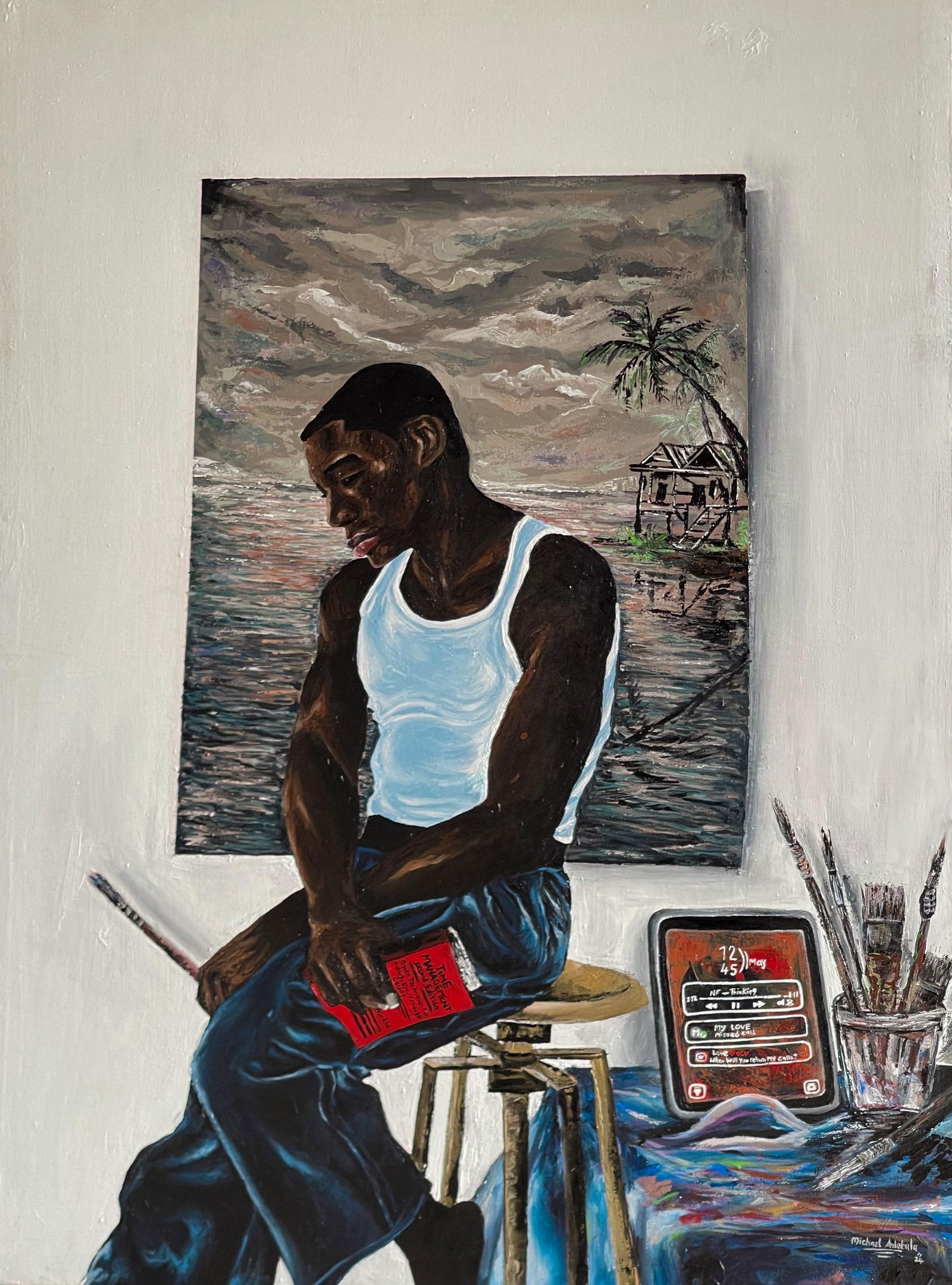 Michael Adetula, Solitude Mood -21st Century Contemporary, Figurative Portrait, Artist, Modern, 2024: Creator: Michael Adetula (1998, Nigerian) Creation Year: 2024 Dimensions: Height: 36 in (91.44 cm)Width: 24 in (60.96 cm)Depth: 1 in (2.54 cm) Medium: Canvas,Charcoal,Mixed Media,Acrylic Movement