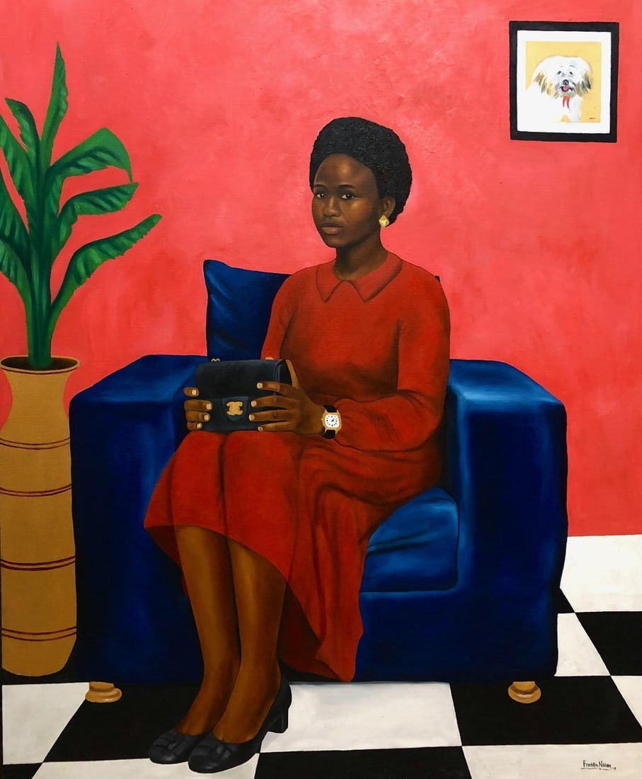 Franklin Ndibam, Nchere (The Wait) - 21st Century, Contemporary, Figurative, Women, Love, Red, 2024: Creator: Franklin Ndibam (1990, Nigerian) Creation Year: 2024 Dimensions: Height: 60 in (152.4 cm)Width: 48 in (121.92 cm)Depth: 1 in (2.54 cm) Medium: Oil,Canvas Movement & Style: Contemporary