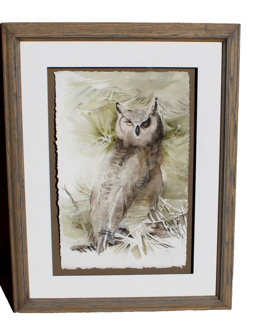 BETTE POLIQUIN original watercolor painting of an OWL: Title:BETTE POLIQUIN original watercolor painting of an OWLDescription:Bette Poliquin. OWL, original watercolor painting, 22-1/2" x 14" sight size (framed size: 33-1/2" x 25-1/2") signed lower right.