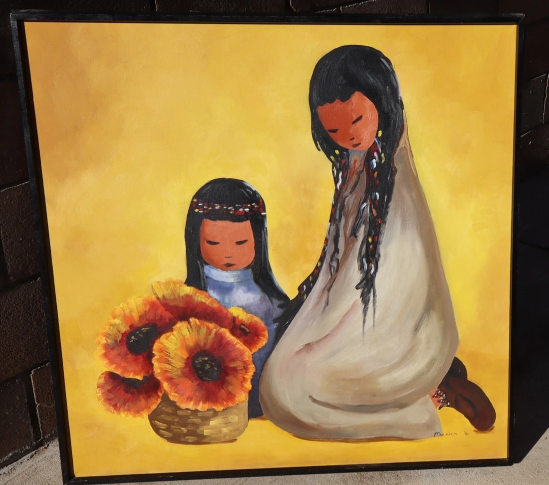 Manner of Ted DeGrazia Two Indian Girls w Vase of Flowers oil signed Marion '73: Title:Manner of Ted DeGrazia Two Indian Girls w Vase of Flowers oil signed Marion '73Description:MANNER OF Ted DeGrazia. Original oil painting greatly influenced by the master naive mod painter, Ted