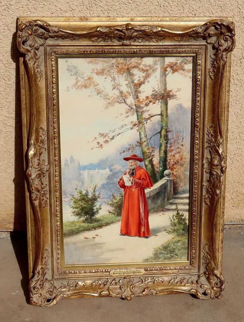 ALFRED CHARLES WEBER Original Belle Epoque Watercolor Cardinal in Vatican Garden - 2