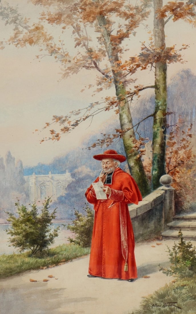 ALFRED CHARLES WEBER Original Belle Epoque Watercolor Cardinal in Vatican Garden - 3