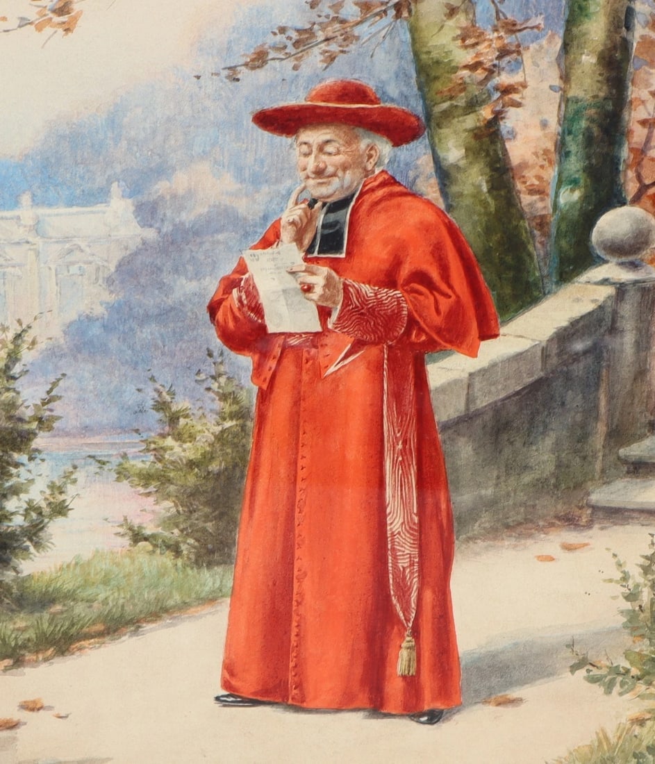 ALFRED CHARLES WEBER Original Belle Epoque Watercolor Cardinal in Vatican Garden - 4