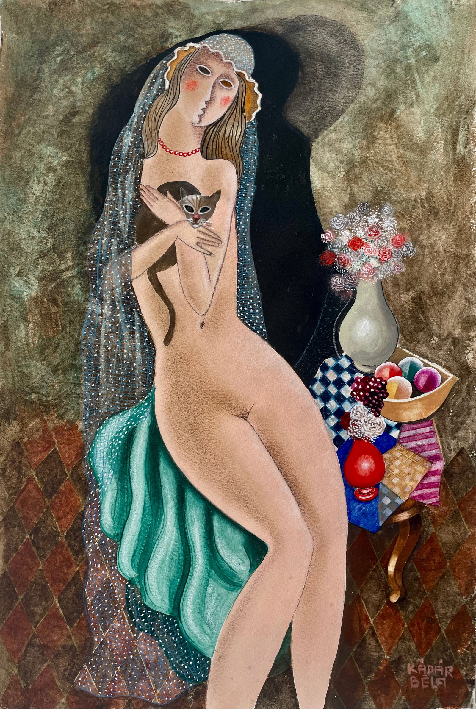 BELA KADAR (public domain): Title:BELA KADAR (public domain) Description:Portrait of a girl with a cat next to flowers. Nice feeling of curves softness and warmth. No docs for now. will sell as is. From German private collection