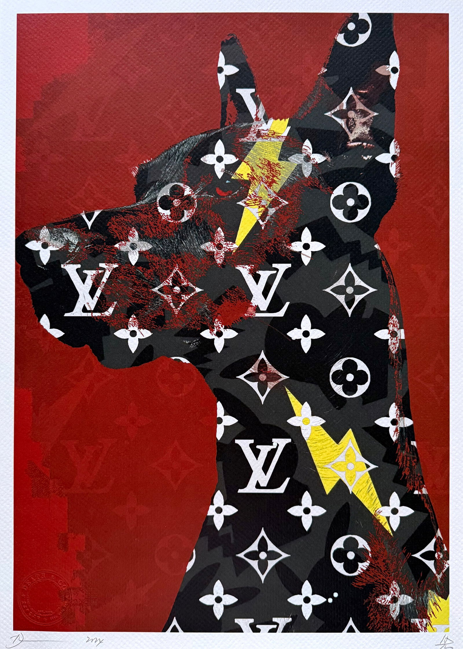 Death NYC Dog Louis Vuiiton: Title:Death NYC Dog Louis VuiitonDate/Period:21st CenturyMaterials:Giclee on Fine art 300 gsm paperSize:17 3/4 x 12 1/2 inchesDescription:Artist: Death NYC, limited edition giclee on paper, out of