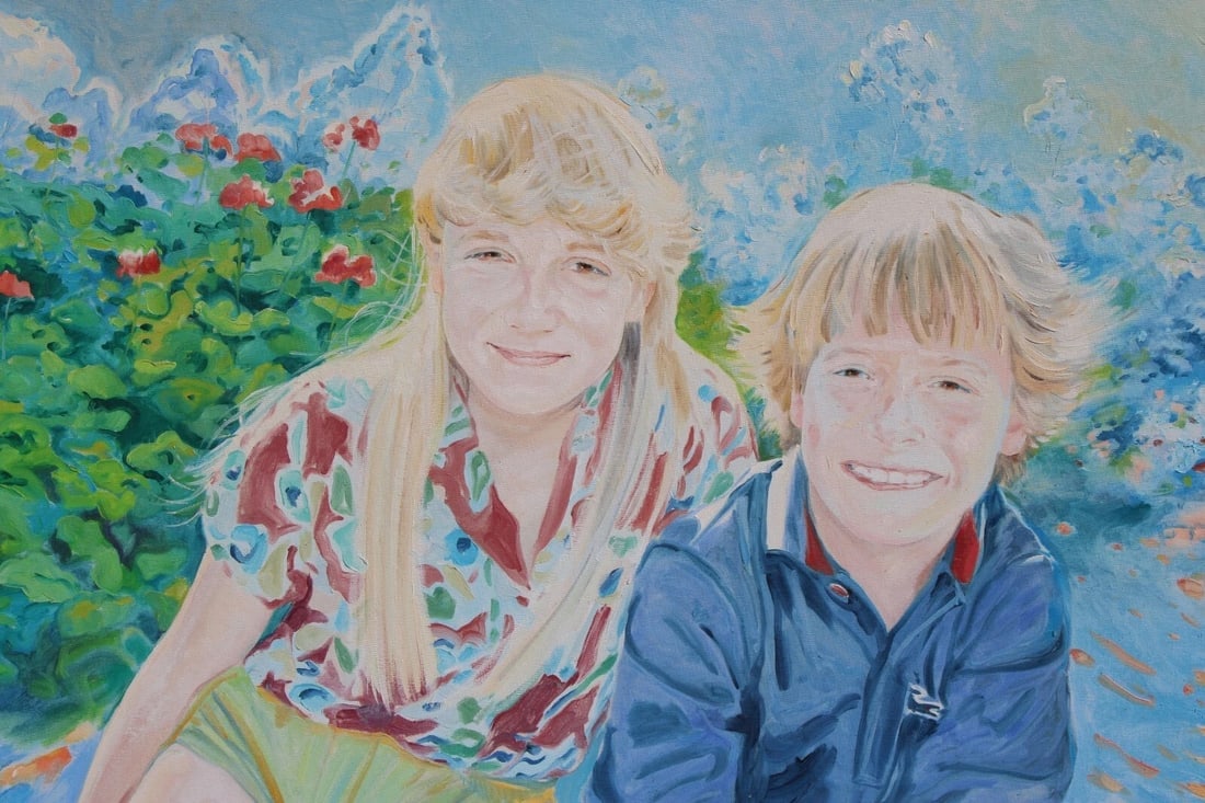 JAN KASPRZYCKI (Hawaii) Two Children in a Flowering Landscape Original oil 1980: Title:JAN KASPRZYCKI (Hawaii) Two Children in a Flowering Landscape Original oil 1980Description:JAN KASPRZYCKI (Hawaii). Two Children in a Flowering Landscape, 1980, 33" x 41" oil on canvas (framed