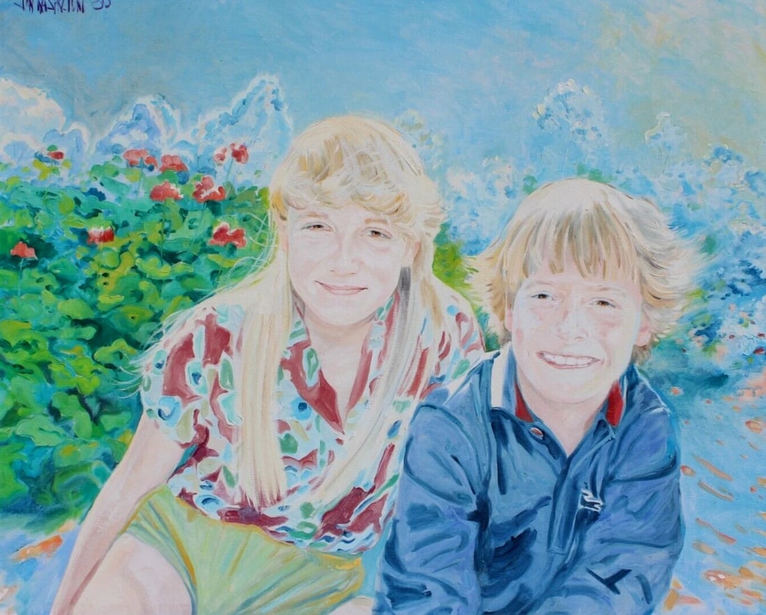 JAN KASPRZYCKI (Hawaii) Two Children in a Flowering Landscape Original oil 1980 - 2