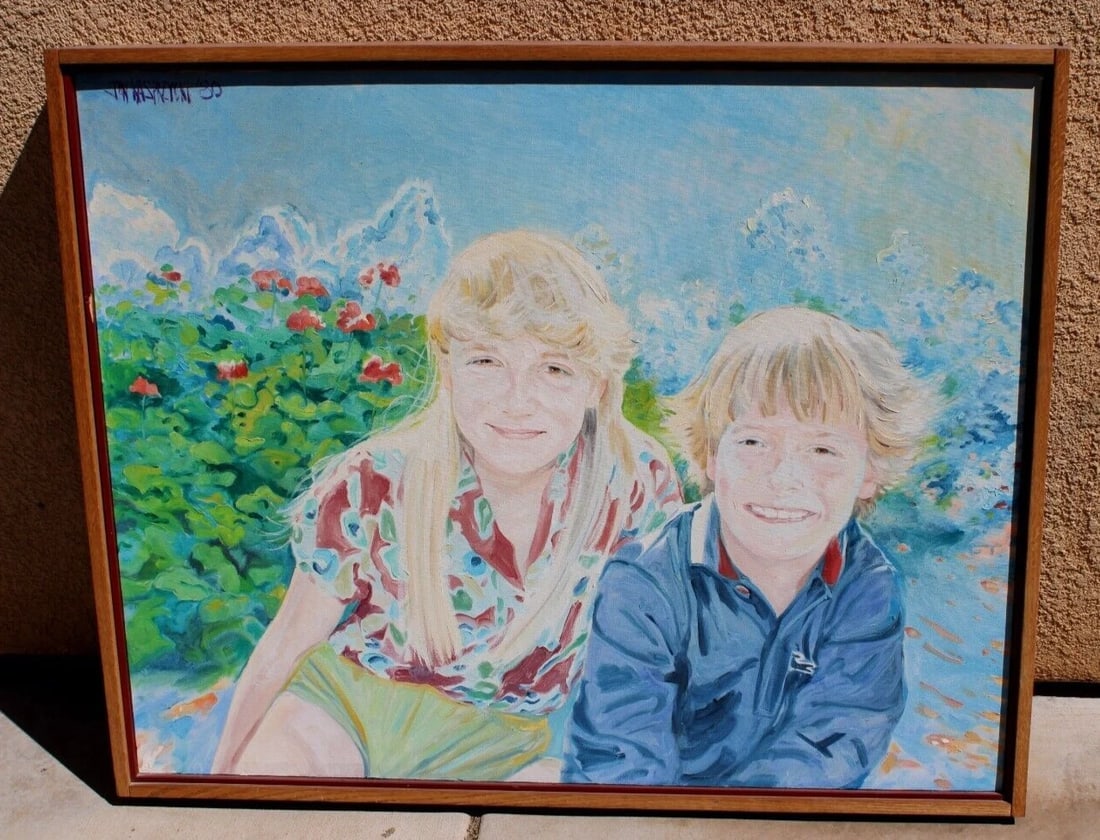 JAN KASPRZYCKI (Hawaii) Two Children in a Flowering Landscape Original oil 1980 - 5