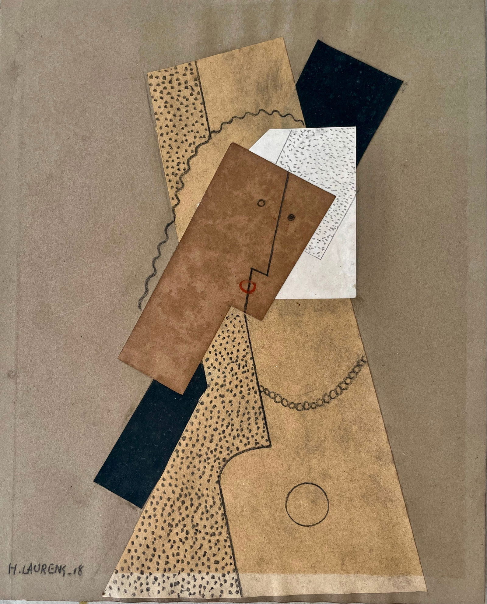 Henri Laurens (Public Domain).: Title:Henri Laurens (Public Domain).Description:Cubist simple and efficient composition. Ochre and brown ccontrasting with black & White. Head of a woman with a collar. signed / dated: H. LAURENS 18.