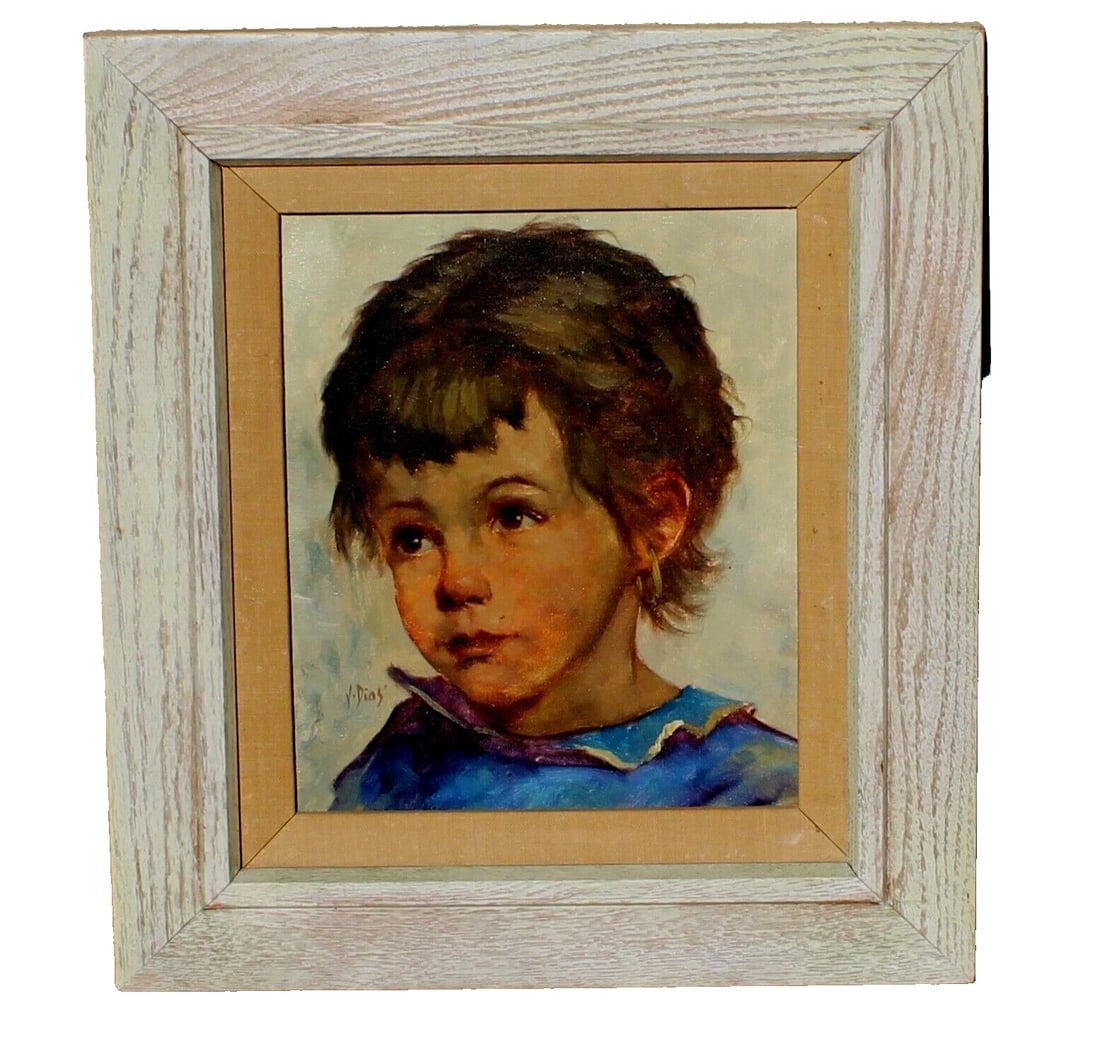 V. DIAS Mid Century Portrait of a Child with an Earring original oil: Title:V. DIAS Mid Century Portrait of a Child with an Earring original oilDescription:V. Dias (Portugal/Holland). I've found some listings of the artist where it is believed he was born in the 1880's