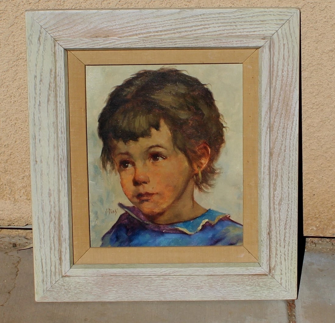 V. DIAS Mid Century Portrait of a Child with an Earring original oil - 2