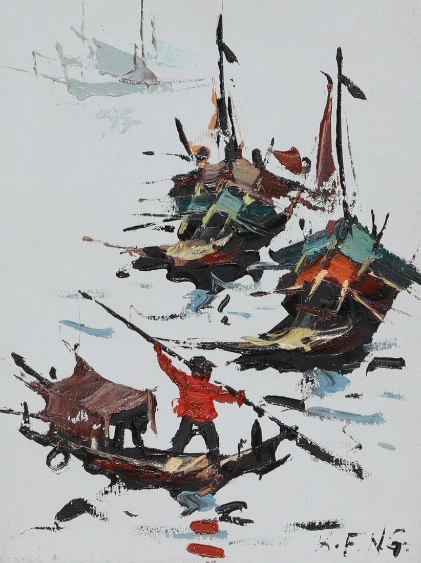 K.F. NG Original Abstract Expressionist Oil Painting Junk Boats - 2