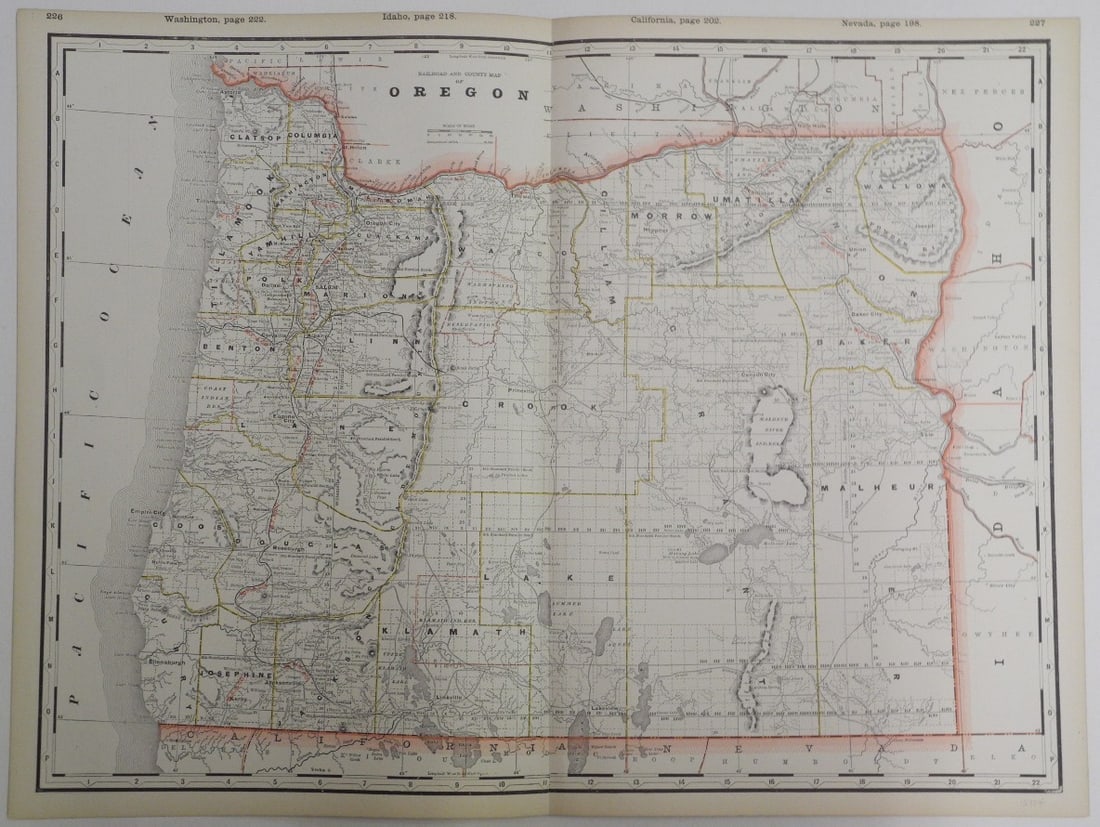 Railroad and County Map of Oregon: Publication Date:1888Title:Railroad and County Map of OregonCartographer:CRAM, GEORGE F.Publisher:O. H. WALKERBrief Description:Detailed state map with railroads marked W.F.& CO. Some topography.
