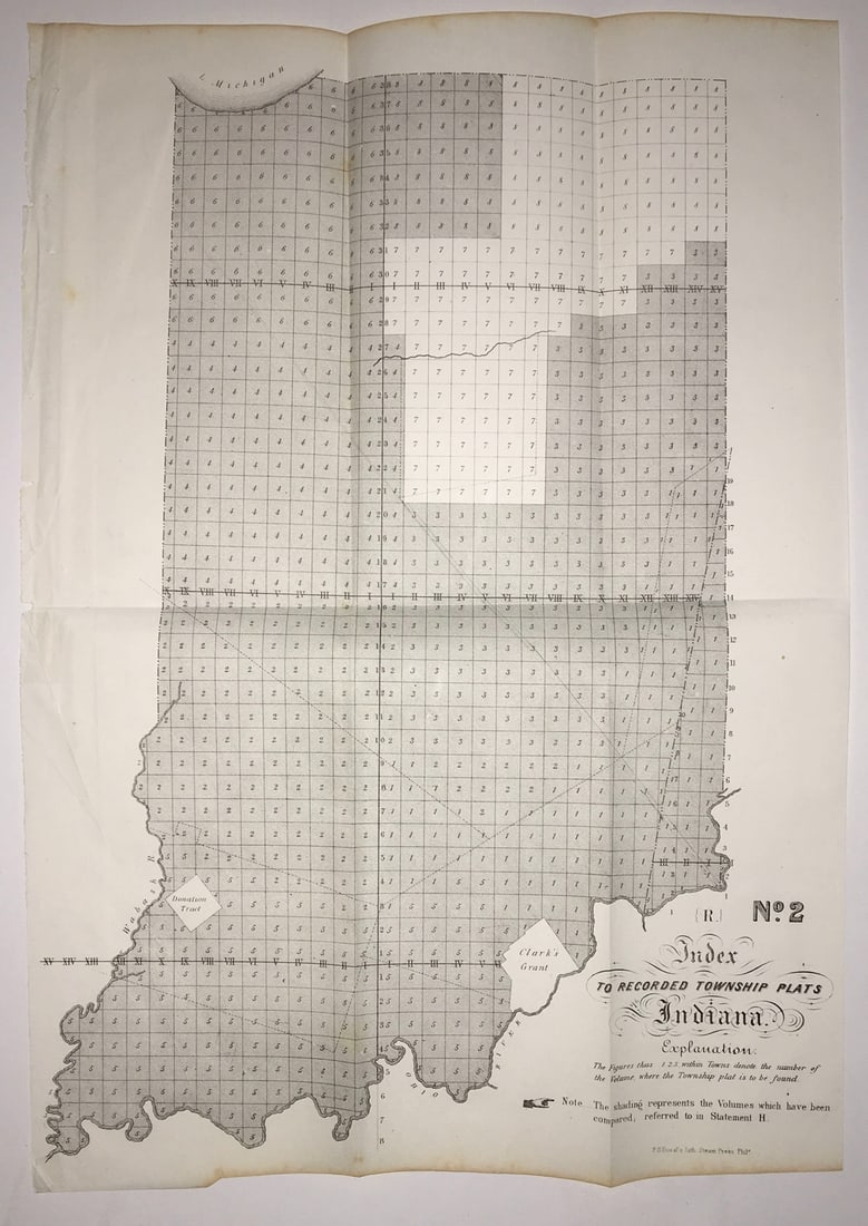 {R} No.2 Index to Recorded Township Plats Indiana.: Publication Date:1849Title:{R} No.2 Index to Recorded Township Plats Indiana.Cartographer:ANONYMOUSPublisher:G.L.O.Brief Description:Numerals in each shaded square denotes the volume where each