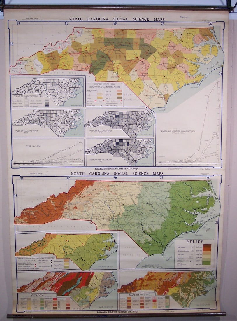 North Carolina Social Science maps: Publication Date:c1937 Title:North Carolina Social Science maps Cartographer: Publisher:Denoyer-Geppert Brief Description:Multiple NC maps showing array of statistics from â€œValue of Manufact