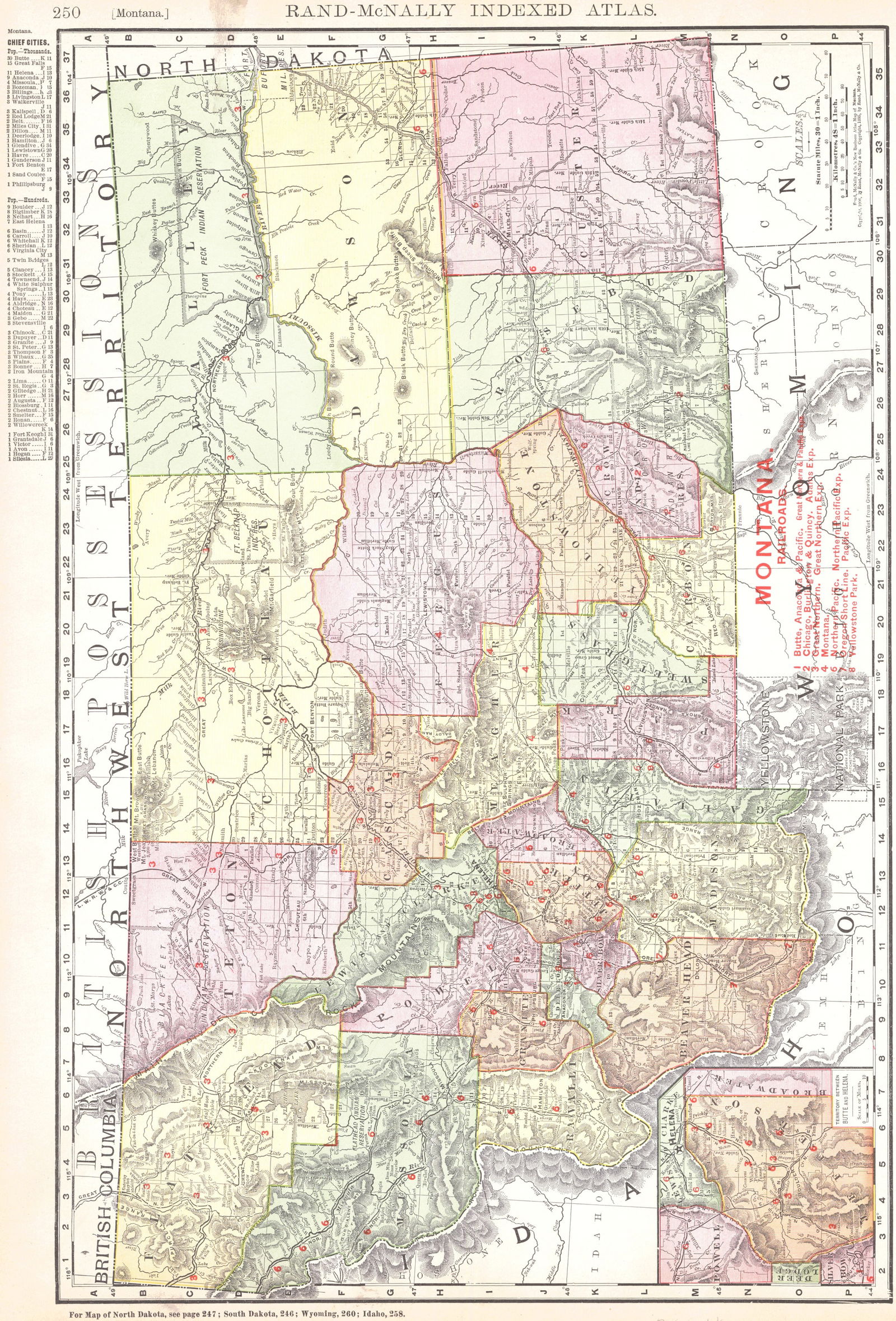 Rand-McNally Indexed Atlas. Montana: Publication Date:1906 Title:Rand-McNally Indexed Atlas. Montana Cartographer:RAND-MCNALLY & CO. Publisher:RAND-MCNALLY & CO. Brief Description:Page 250 from the Rand-McNally Indexed atlas. 1906. Thirt