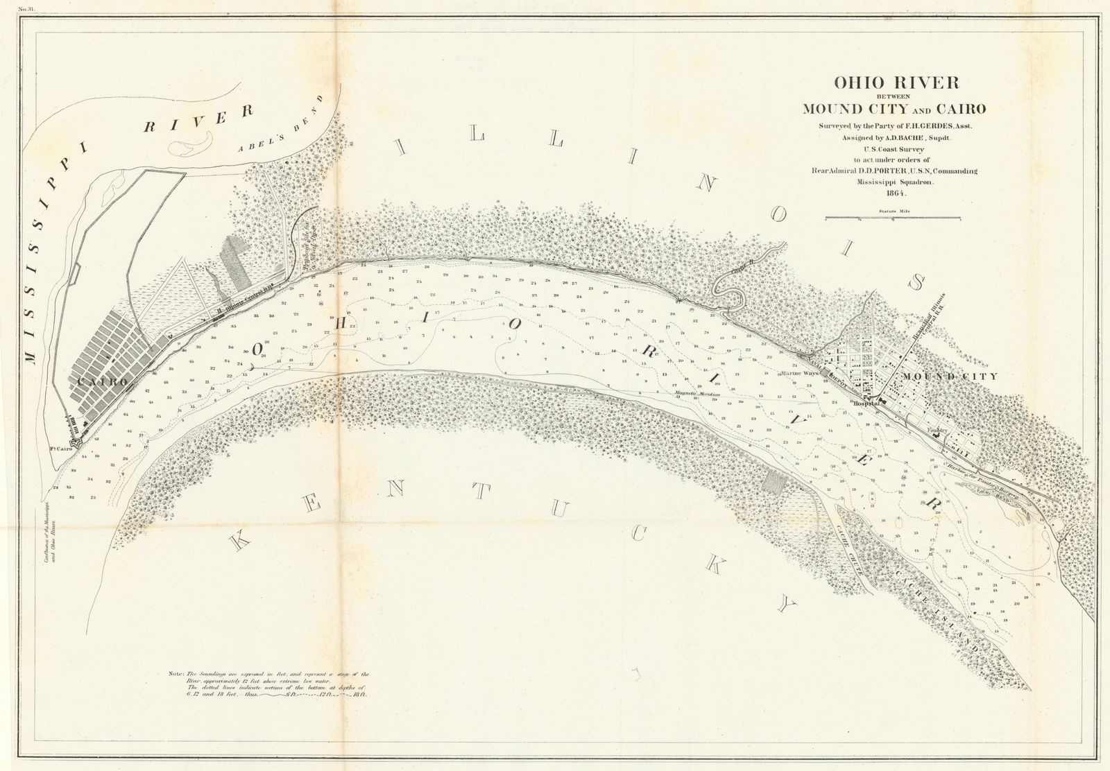 Ohio River Between Mound City and Cairo...: Publication Date:1864Title:Ohio River Between Mound City and Cairo...Cartographer:GERDES, F.H.Publisher:U.S. COAST SURVEYBrief Description:Highly detailed large scale river map with town plans and