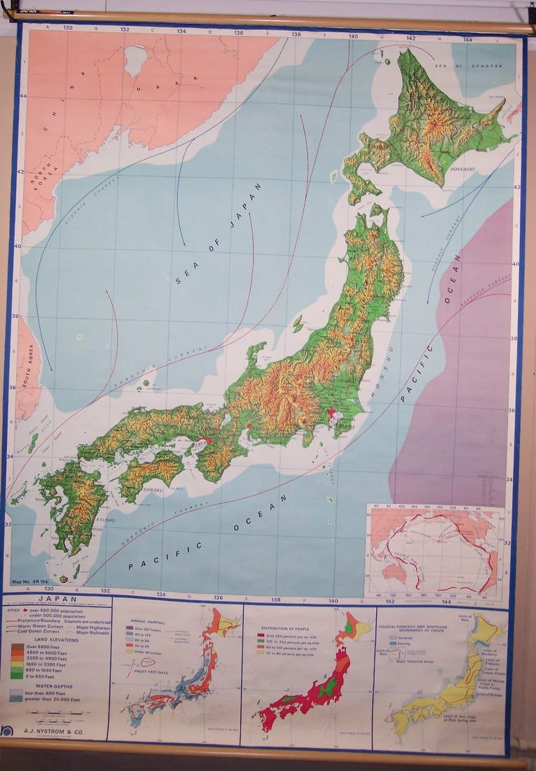 Japan: Publication Date:c1960Title:JapanCartographer:Laura Stuart Minugh and Nancy Keochakian CoryPublisher:A.J. Nystrom & Co.Brief Description:Striking, large (over 6 feet high) map of Japan with Central