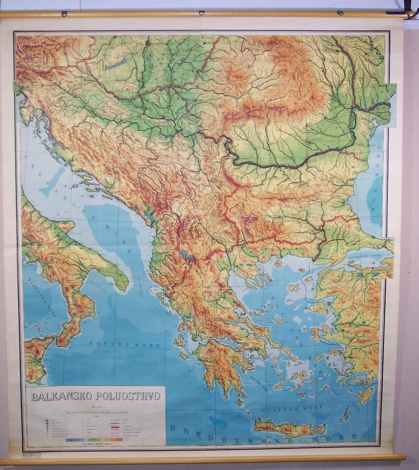 Balkansko Poluostrvo (Balkans): Publication Date:c1950-1959Title:Balkansko Poluostrvo (Balkans)Cartographer:Publisher:GeokartaBrief Description:Physical-Political. Large, vividly colored by physical aspect (height of land, depth of