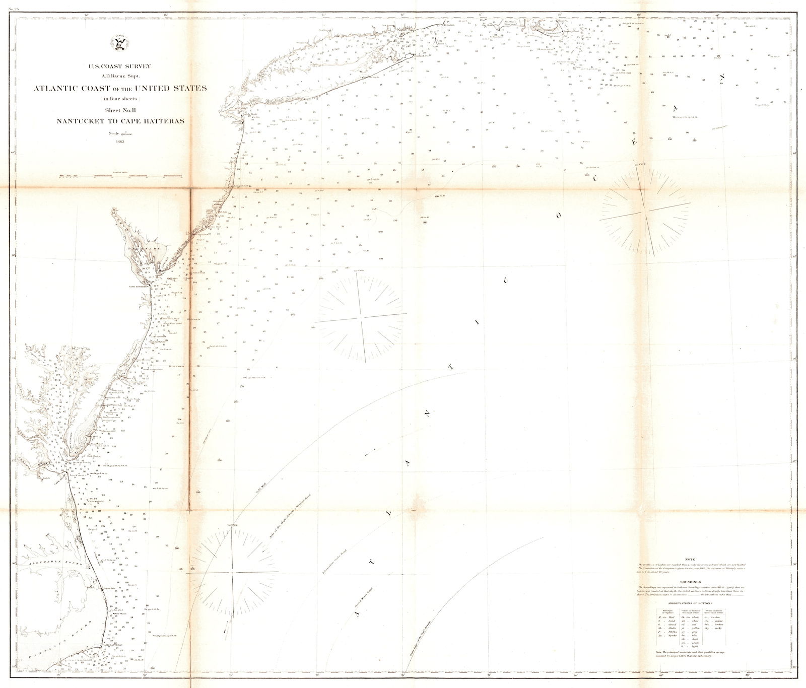Atlantic Coast of the United States (in Four Sheets) Sheet No. II Nantucket to Cape Hatteras: Publication Date:1863Title:Atlantic Coast of the United States (in Four Sheets) Sheet No. II Nantucket to Cape HatterasCartographer:U.S. COAST SURVEYPublisher:U.S. COAST SURVEYBrief