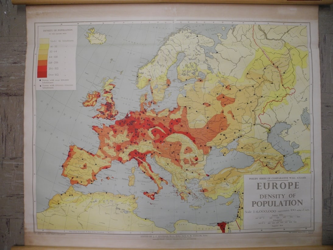 Europe Density of Population: Publication Date:©1950Title:Europe Density of PopulationCartographer:The London Geographical InstitutePublisher:George Philip & Son, LimitedBrief Description:(Philips' series of Comparative Wall