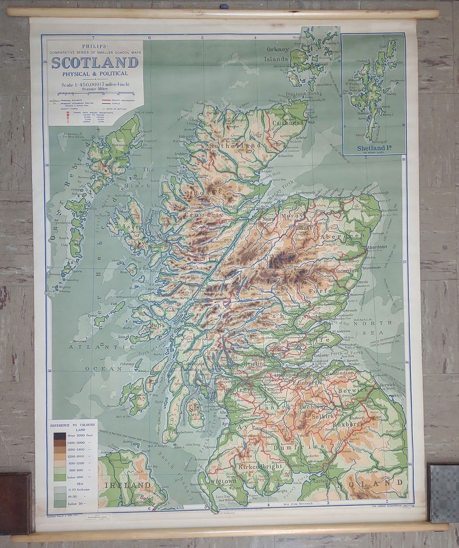 Philips' Comparative Series of Smaller School Maps Scotland Physical & Political: Publication Date:c1925Title:Philips' Comparative Series of Smaller School Maps Scotland Physical & PoliticalCartographer:PhilipsPublisher:Brief Description:Best map of Scotland we have seen for