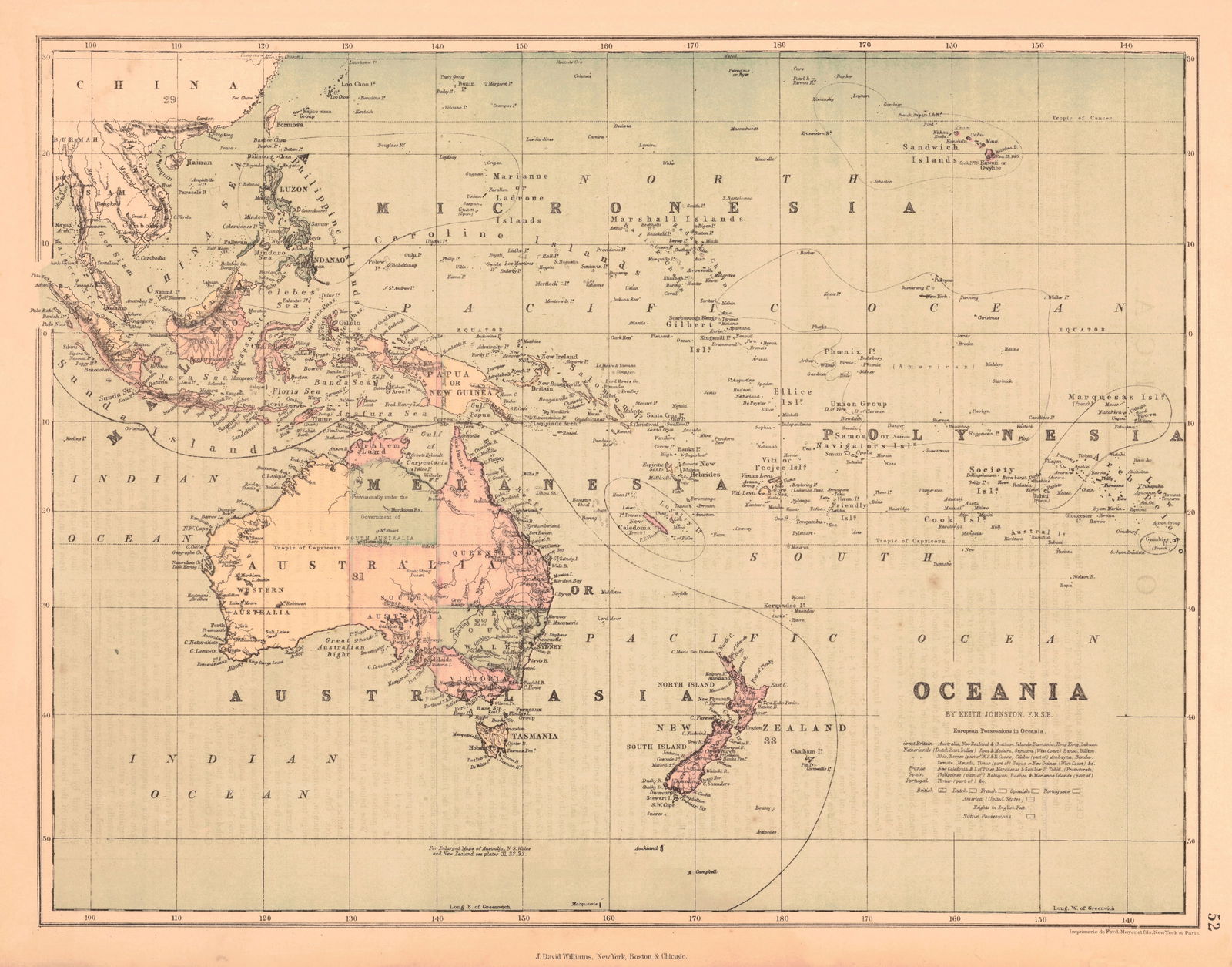 Oceania: Publication Date:1873Title:OceaniaCartographer:JOHNSTON, KEITHPublisher:J. DAVID WILLIAMSBrief Description:by Keith Johnston, F.R.S.E. Sheet 52 from an American and French Jones and Hamilton atlas
