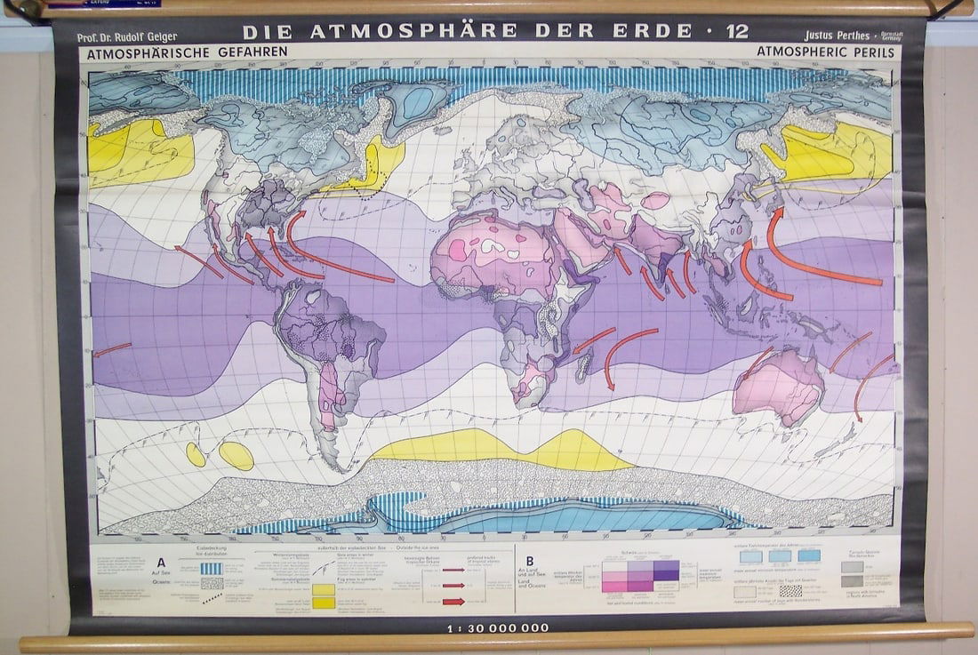 Die Atmosphare Der Erde -12- Atmospheric Perils: Publication Date:c1925Title:Die Atmosphare Der Erde -12- Atmospheric PerilsCartographer:Prof. Dr. Rudolf GeigerPublisher:JUSTUS PERTHESBrief Description:Vivid coloration showing areas of hurricane