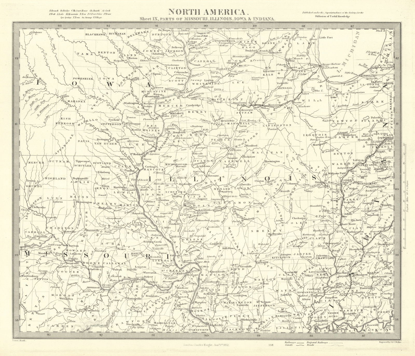 North America Sheet Ix, Parts of Missouri, Illinois, Iowa & Indiana.: Publication Date:1852Title:North America Sheet Ix, Parts of Missouri, Illinois, Iowa & Indiana.Cartographer:Society for the Diffusion of Useful Knowledge/ S.D.U.K. | J. & C. WalkerPublisher:George