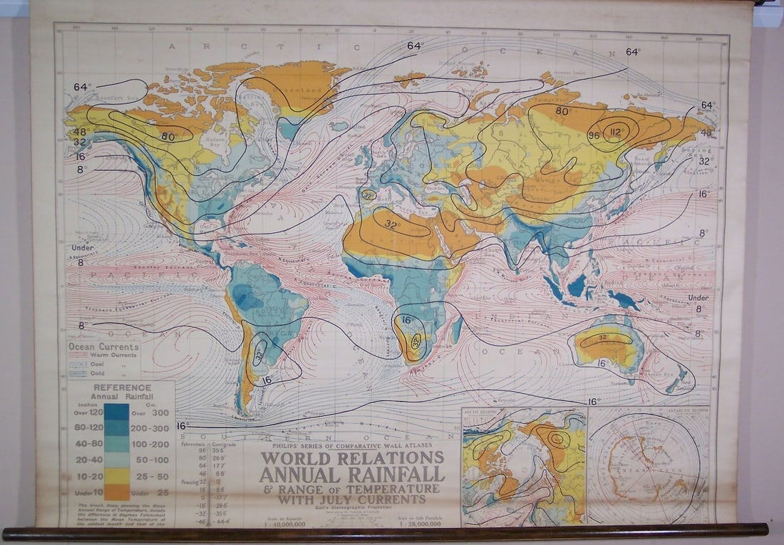 Philips' Series of Comparative Wall Atlases World Relations Annual Rainfall & Range of Temperature: Publication Date:c1925 Title:Philips' Series of Comparative Wall Atlases World Relations Annual Rainfall & Range of Temperature with July Currents Cartographer: Publisher:Philips & sons Brief Descript