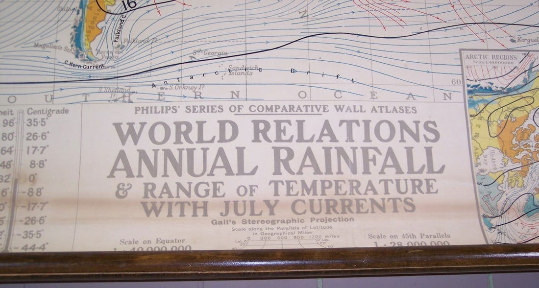 Philips' Series of Comparative Wall Atlases World Relations Annual Rainfall & Range of Temperature - 2