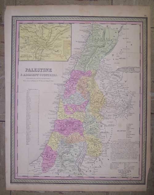 Palestine & Adjacent Countries: Publication Date:1850Title:Palestine & Adjacent CountriesCartographer:MITCHELL, SAMUEL AUGUSTUSPublisher:MITCHELL, S. AUG.Brief Description:Detailed map showing topography, cities & towns mentioned