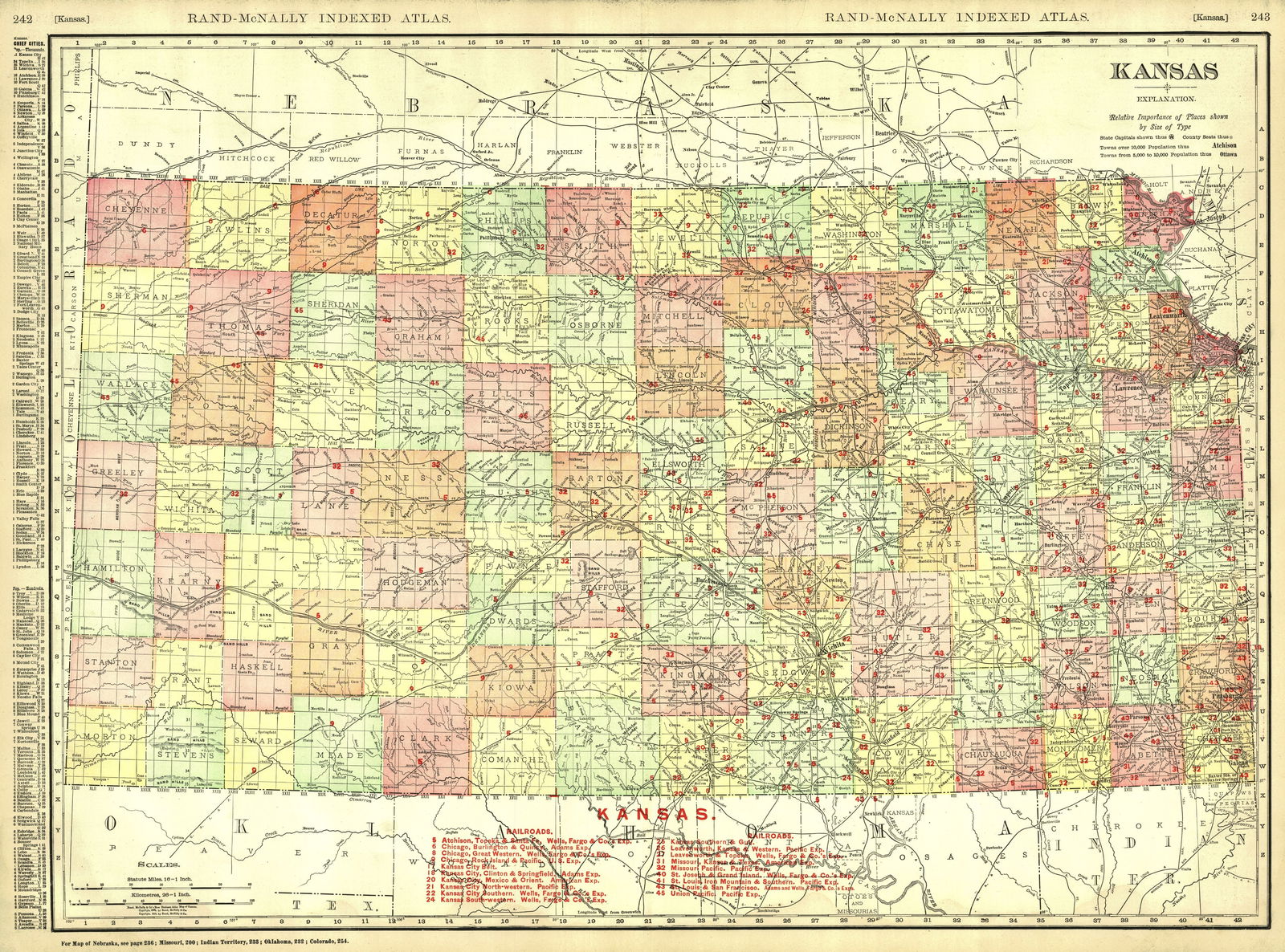 Rand-McNally Indexed Atlas. Kansas: Publication Date:1906Title:Rand-McNally Indexed Atlas. KansasCartographer:RAND-MCNALLY & CO.Publisher:RAND-MCNALLY & CO.Brief Description:Page 242-243 from the Rand-McNally Indexed atlas. 1906.
