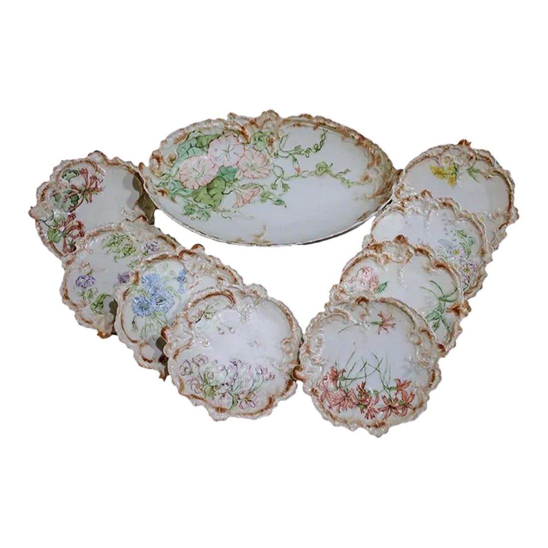 Viennese Porcelain China Serving Bowl & 8 Plates - Leonard Vienna Austria: I don't have enough superlatives in my vocabulary to describe how beautiful this serving set is! It is marked Leonard Vienna Austria. PH Leonard imported Limoges china from France and Porcelain