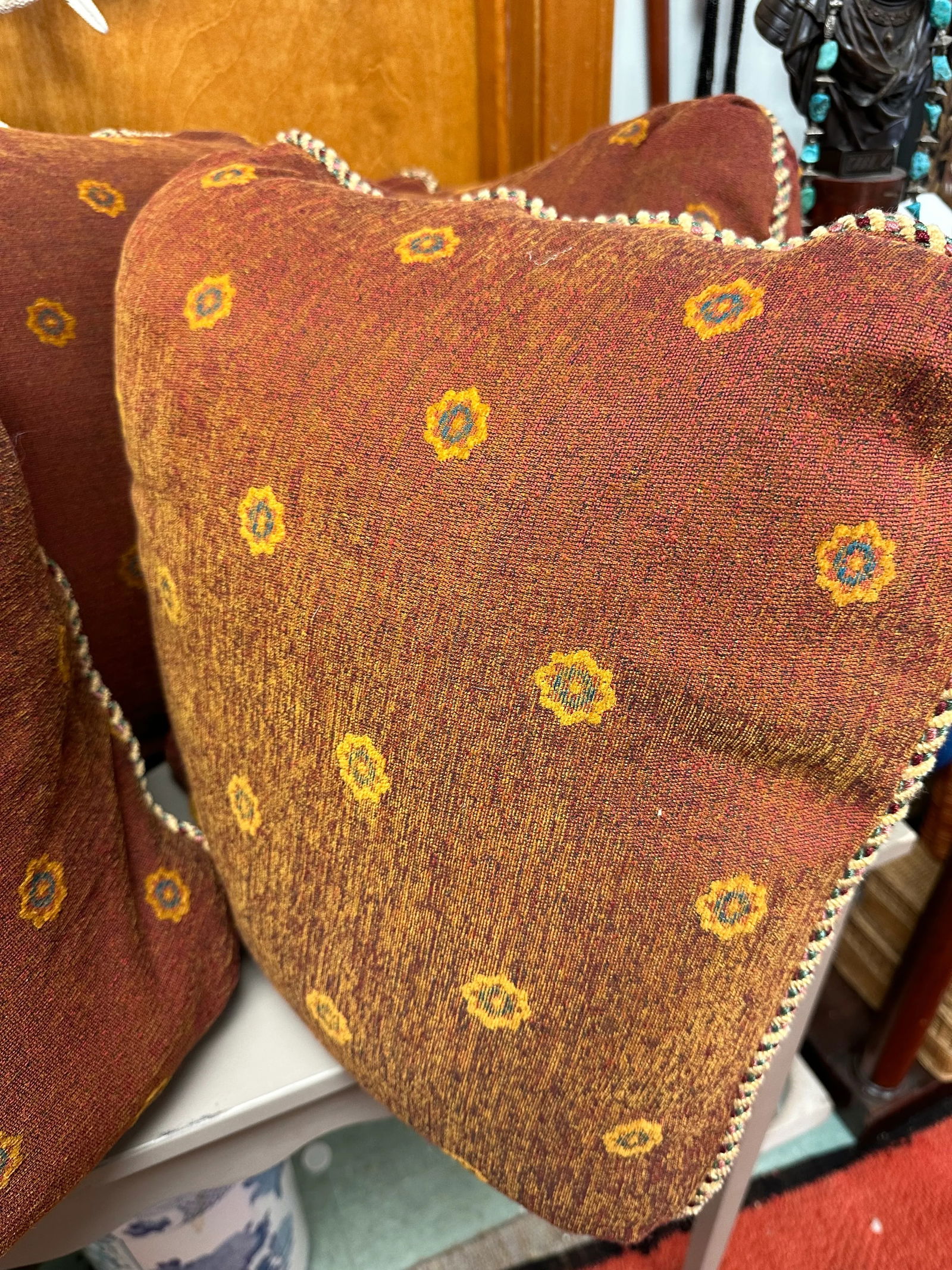 Set of 5 Down Filled Pillows Covered in Deep Red and Saffron Yellow Fabric and Pink, Green and Burgu - 2