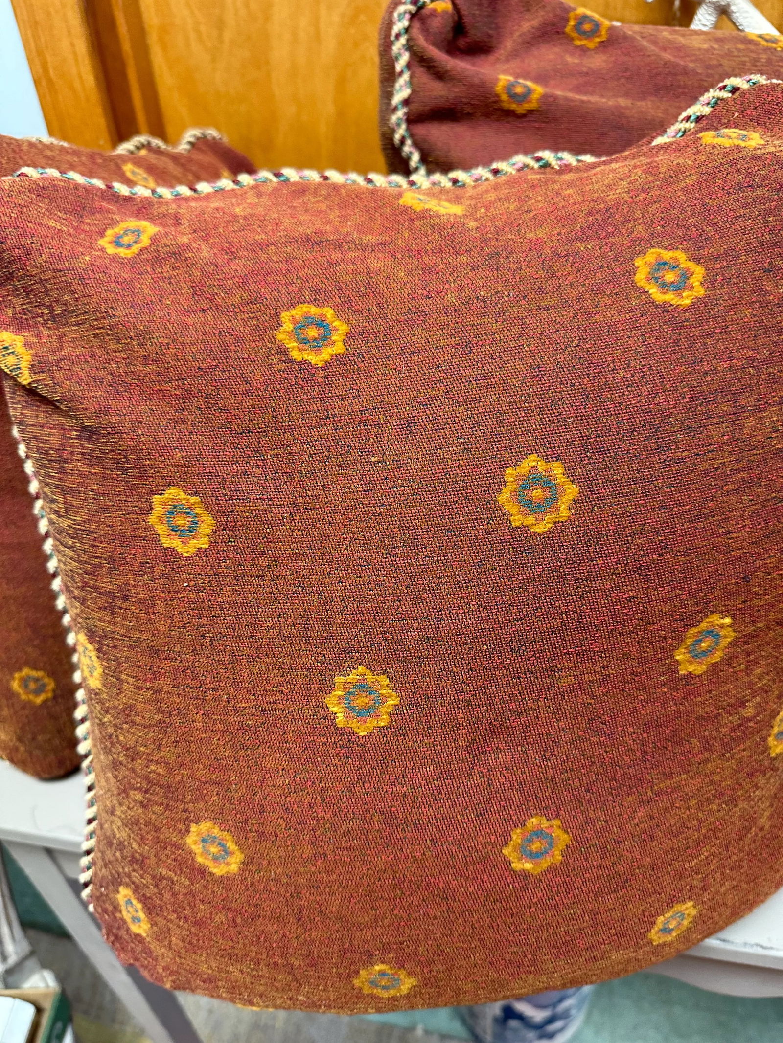 Set of 5 Down Filled Pillows Covered in Deep Red and Saffron Yellow Fabric and Pink, Green and Burgu - 3