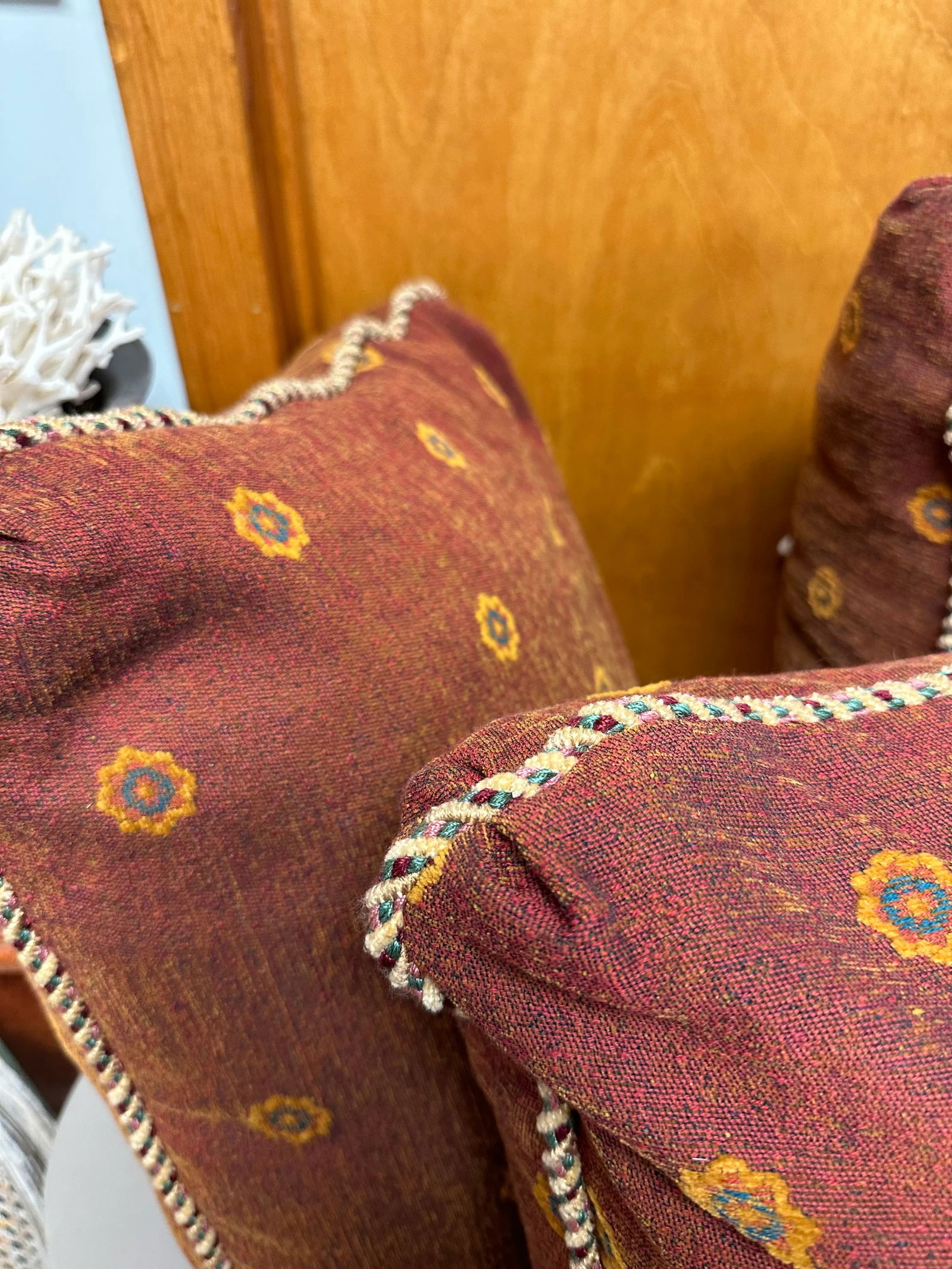 Set of 5 Down Filled Pillows Covered in Deep Red and Saffron Yellow Fabric and Pink, Green and Burgu - 4