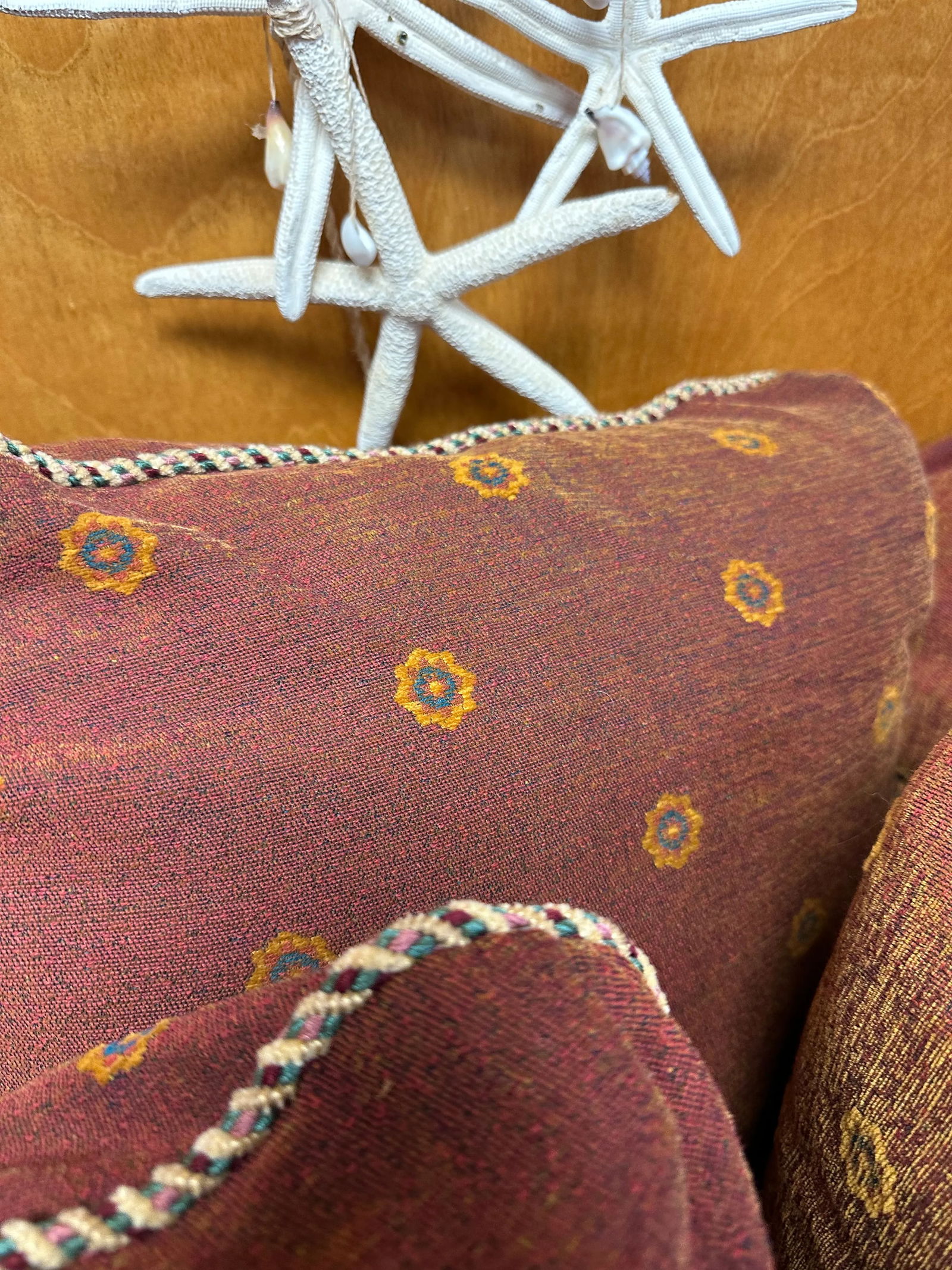 Set of 5 Down Filled Pillows Covered in Deep Red and Saffron Yellow Fabric and Pink, Green and Burgu - 5