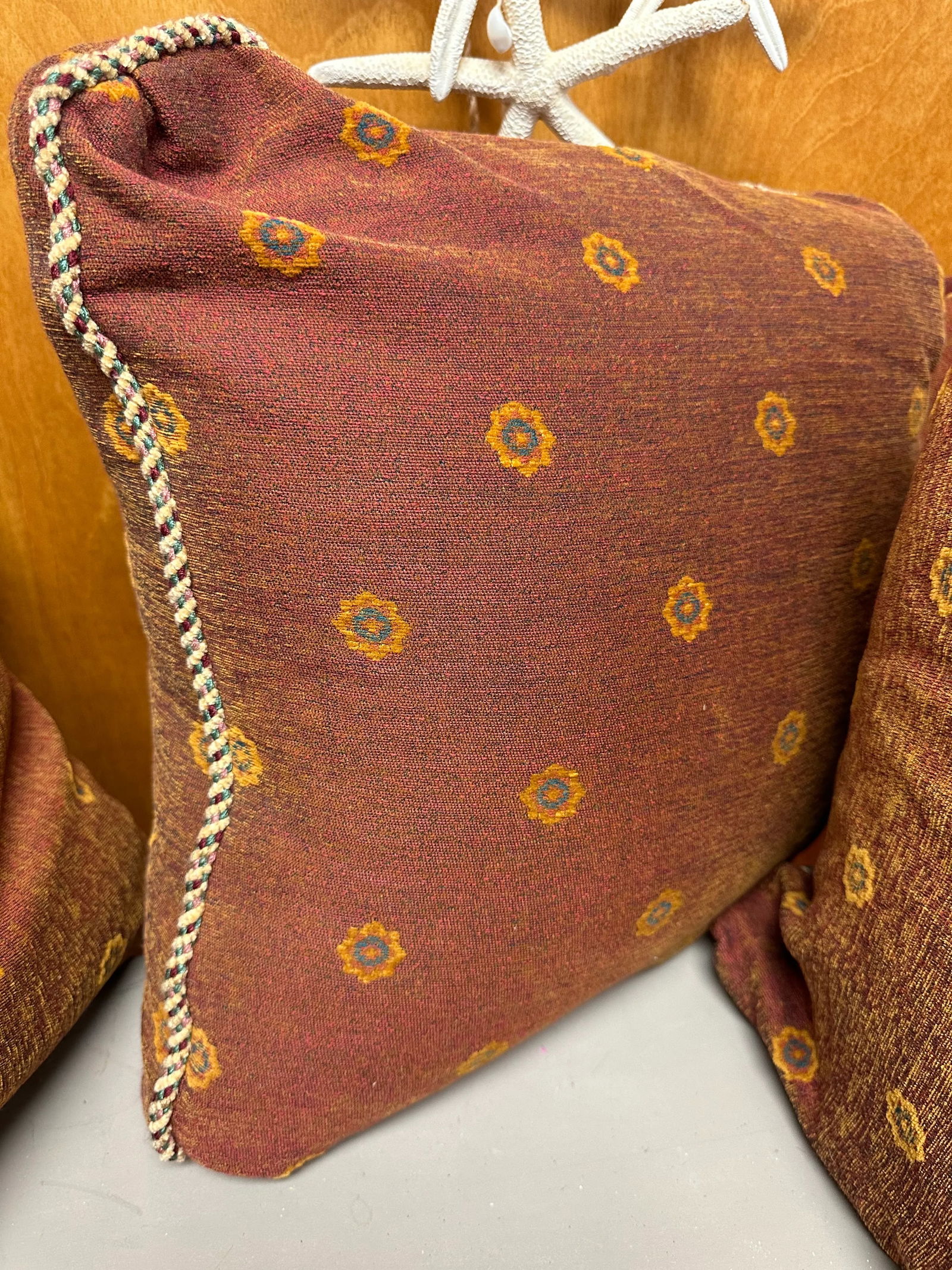 Set of 5 Down Filled Pillows Covered in Deep Red and Saffron Yellow Fabric and Pink, Green and Burgu - 6