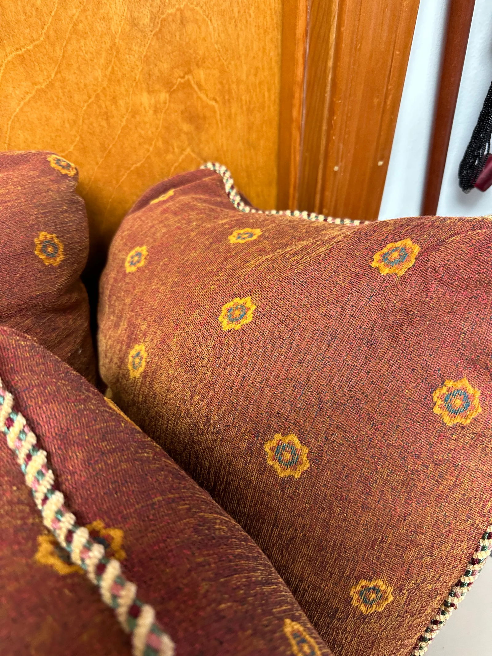 Set of 5 Down Filled Pillows Covered in Deep Red and Saffron Yellow Fabric and Pink, Green and Burgu - 7