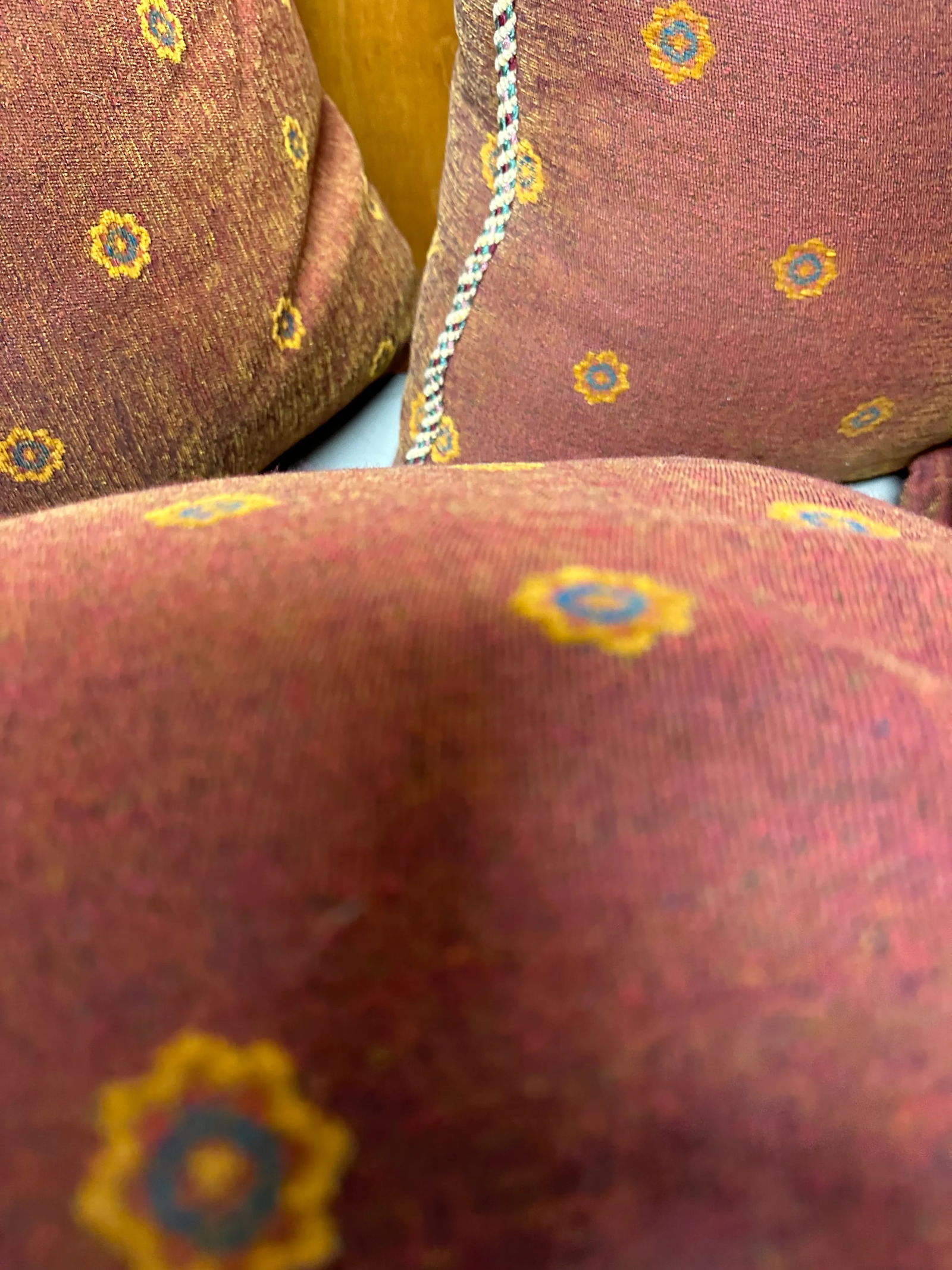 Set of 5 Down Filled Pillows Covered in Deep Red and Saffron Yellow Fabric and Pink, Green and Burgu - 8