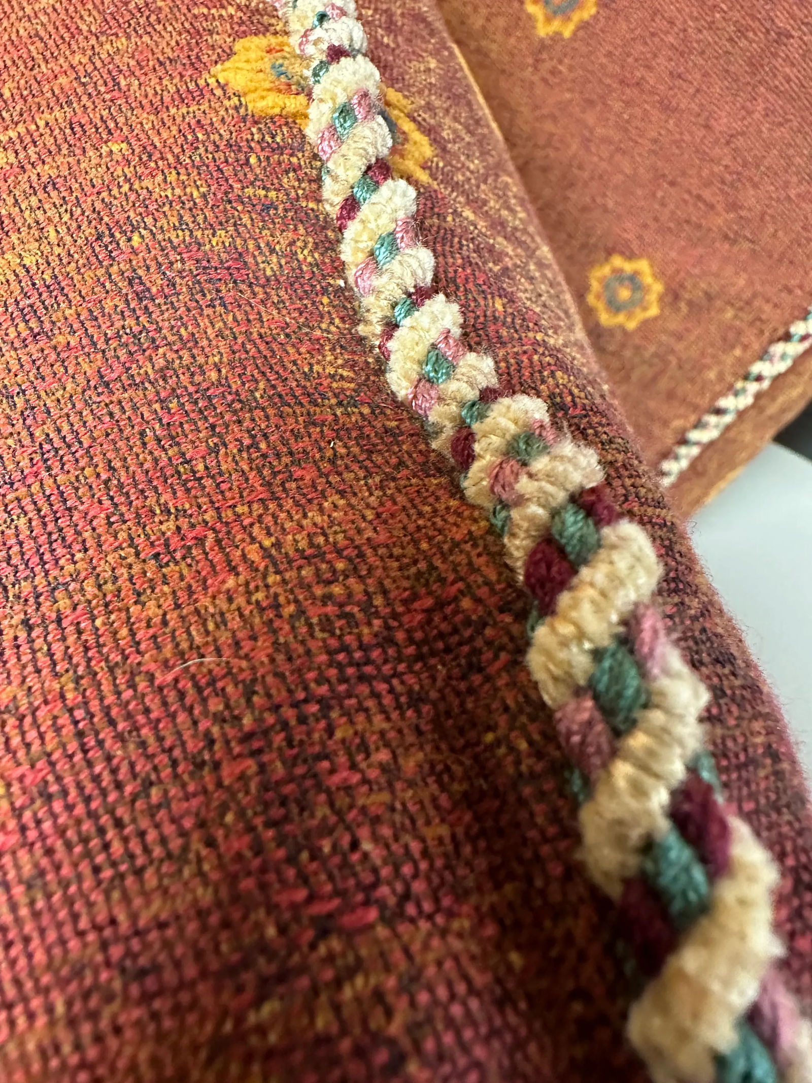 Set of 5 Down Filled Pillows Covered in Deep Red and Saffron Yellow Fabric and Pink, Green and Burgu - 9