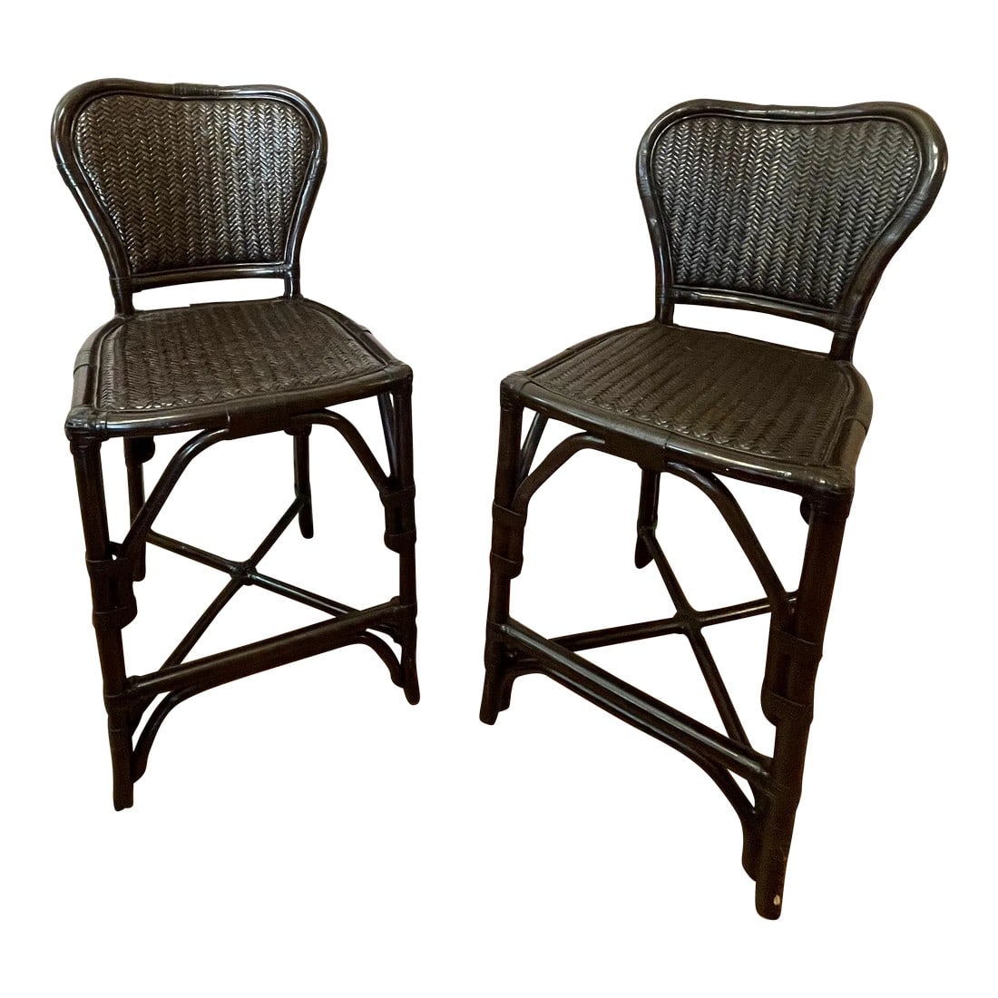 Late 20th Century Black Rattan Counter Stools - a Pair: A pair of versatile black rattan and bamboo counter stools -- coordinates well in a traditional or contemporary interior. They are very comfortable and in mint condition! Condition: Alterations: Origi