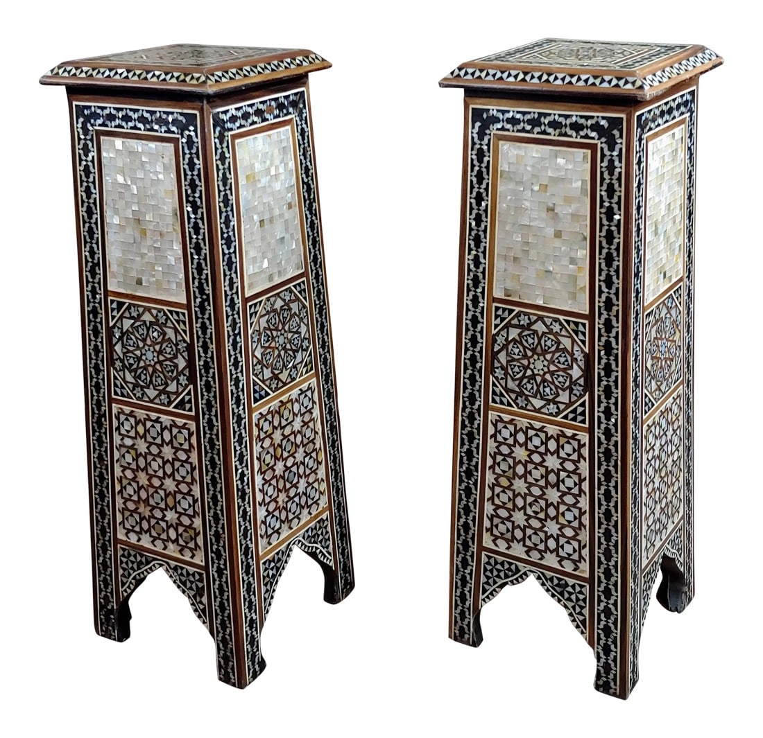 Vintage Syrian "Tower Shaped" Petite Inlaid Stands - a Pair: Syrian Pair of Vintage "Tower Shaped" Petite Inlaid Stands size 9 x 9 x 28" A beautiful piece that will add to your décor! Condition: Alterations: Original Condition Unaltered